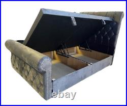 Upholstered Plush Velvet, Chesterfield Sleigh Side Lift Storage Bed + Mattress