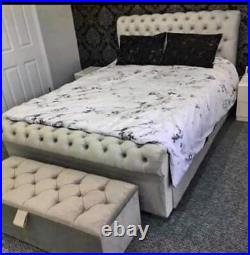 Upholstered Plush Velvet Fabric Chesterfield Sleigh Bed Frame ALL Sizes FREE DEL