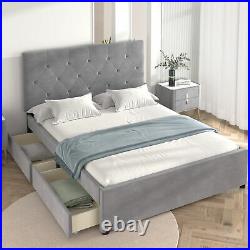 Upholstered Plush Velvet Fabric Single Bed Frame with 2 Storage Drawers 4FT6 Grey