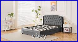 Upholstered Winged Bed Frame 4ft6/5ft Plush Velvet Fabric Bed With 4 Drawers