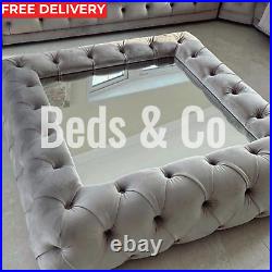 Velvet Fabric Upholstered Footstool/glass Coffee Table (90x90cm) Plush Grey