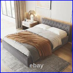 Velvet Plush Upholstered Double Ottoman Bed Frame 4FT6 Gas Lift Up Large Storage
