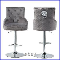 Velvet Upholstered Bar Stool Grey Velvet Bar Stool Lion Knocker Back Chrome Base