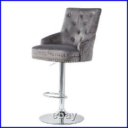 Velvet Upholstered Bar Stool Grey Velvet Bar Stool Lion Knocker Back Chrome Base