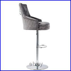 Velvet Upholstered Bar Stool Grey Velvet Bar Stool Lion Knocker Back Chrome Base