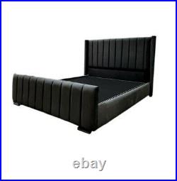 Velvet Wingback Bed panel Frame Sleigh Line Upholstered Luxury Soft Plush Black
