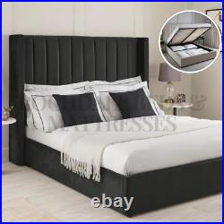 Winged Panel Bed Frame Plush Velvet Upholstered Ottoman Gas Lift Storage Double