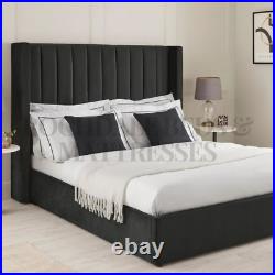 Winged Panel Bed Frame Plush Velvet Upholstered Ottoman Gas Lift Storage Double