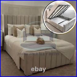 Winged Panel Bed Frame Velvet Upholstered Ottoman Gas Lift Storage Bed All Sizes