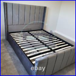 Winged Panel Bed Frame Velvet Upholstered Ottoman Gas Lift Storage Bed All Sizes