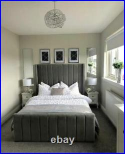 Winged Panel Luxury Plush / Naple Velvet Upholstered Bed Frame- Made In Uk