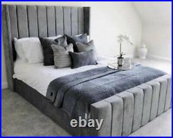 Winged Plush Velvet Bed Frame Single Double King Grey Plush Panel Upholstered