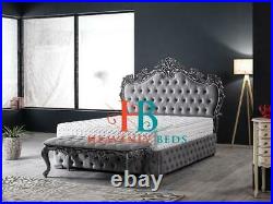 Winged bed frame upholstered double king wingback scroll sleigh french crown