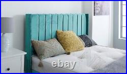Wooden Winged Bed Frame Plush Velvet Upholstered Frame New Ottoman Teal 4ft